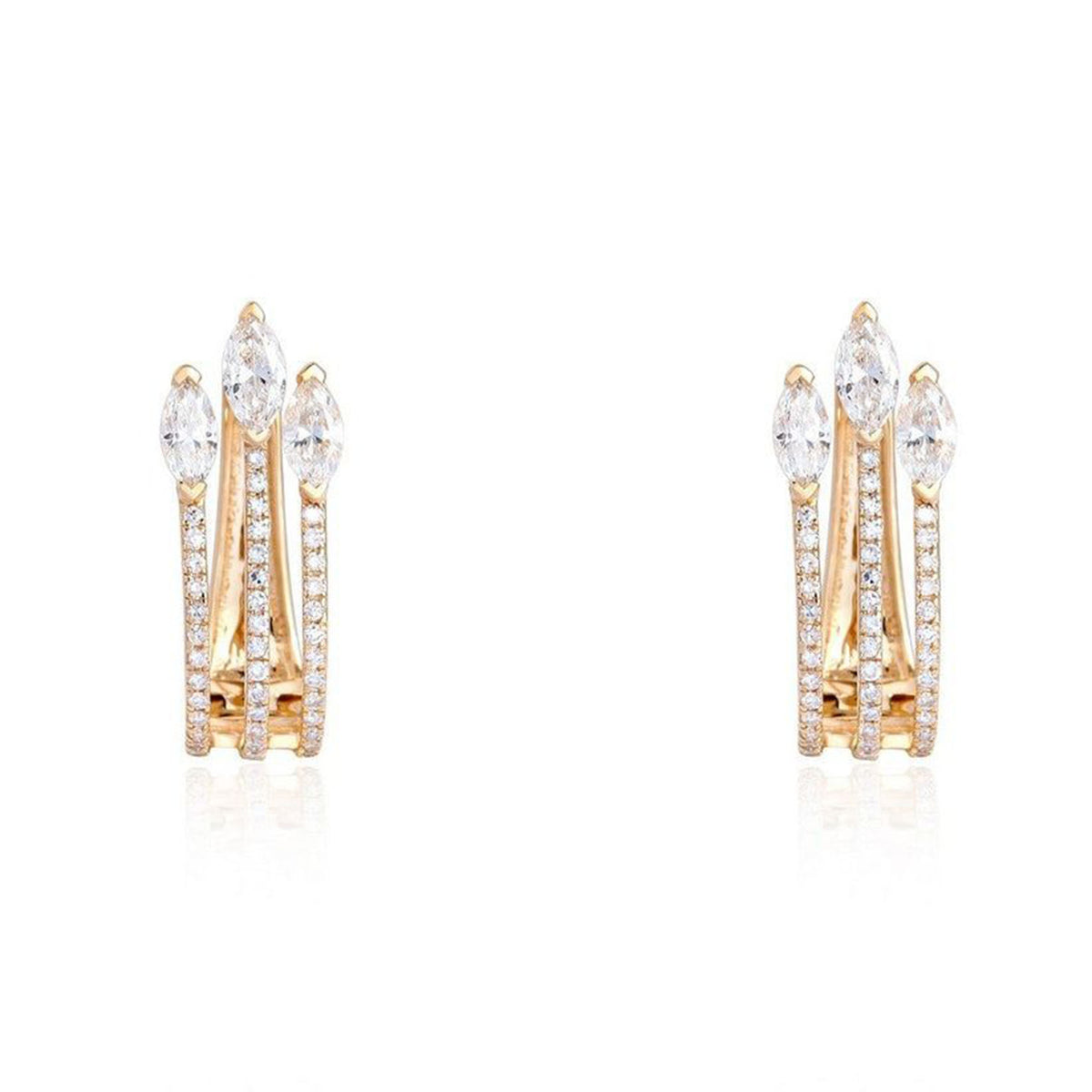 Triple Marquise Crown Diamond Hoop Earrings in 14K Yellow Gold