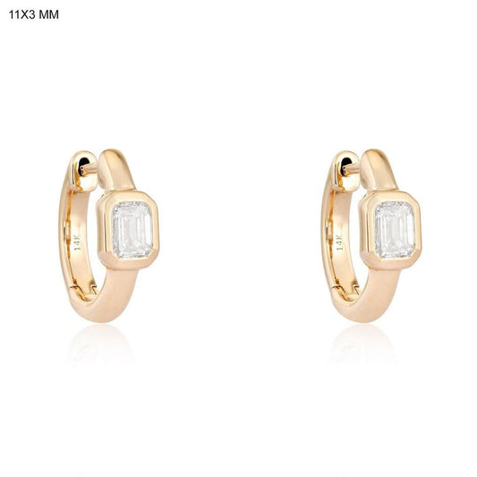 Bezel Emerald Diamond Mini Hoop Earrings in 14K Yellow Gold