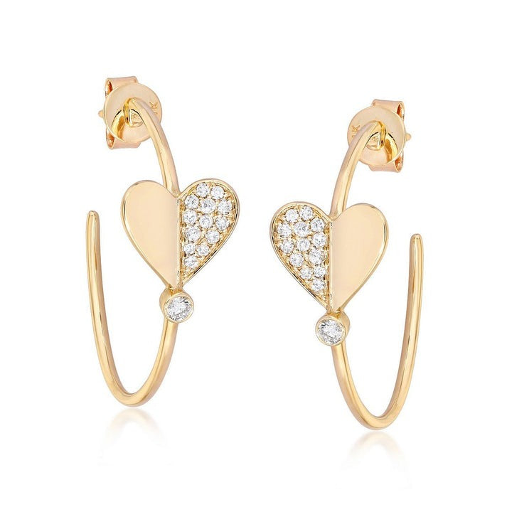 Half Pave Heart Hoop Earrings in 14K Yellow Gold