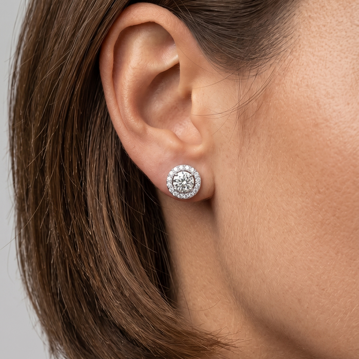 Round Cut Baguette Diamond Earrings in 14K White Gold