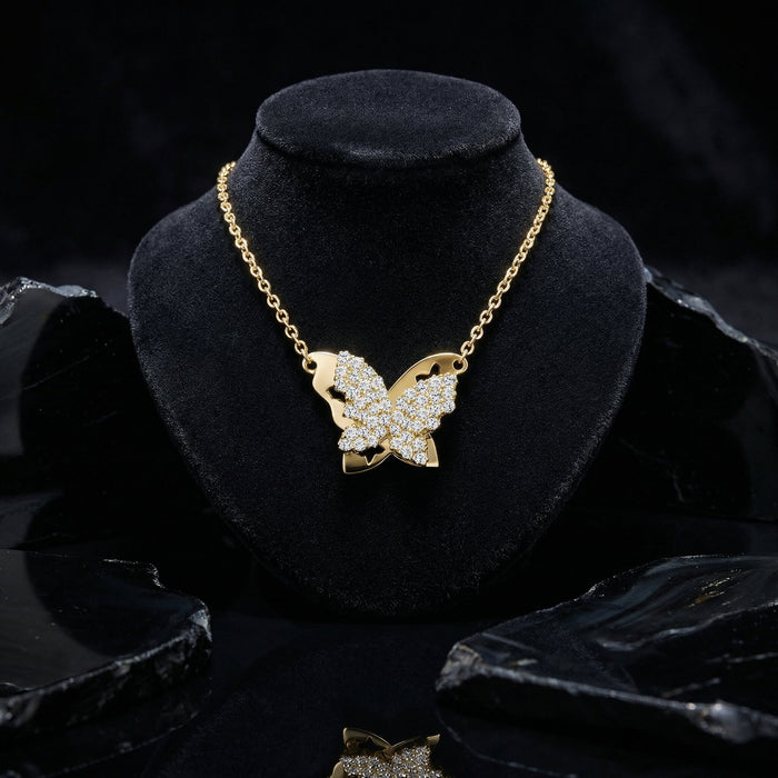 Round Cut Diamond Butterfly Pendant Necklace in 14K Gold