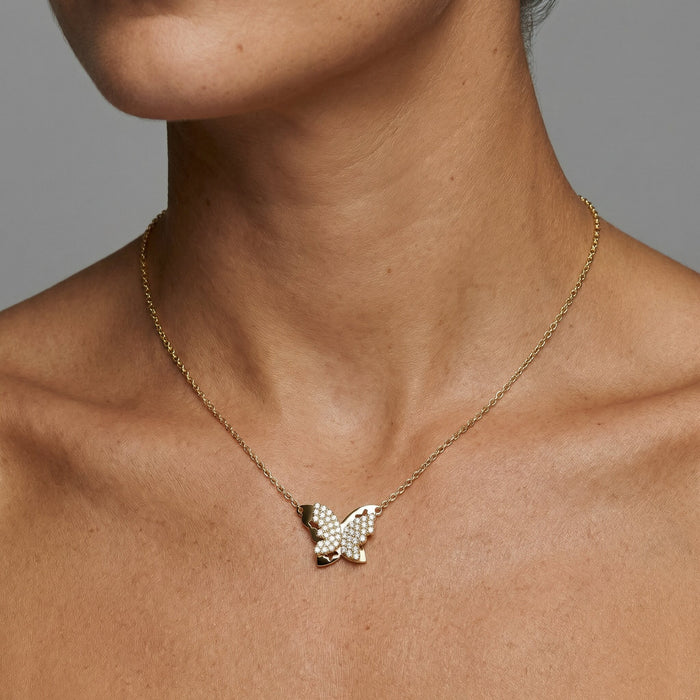 Round Cut Diamond Butterfly Pendant Necklace in 14K Gold
