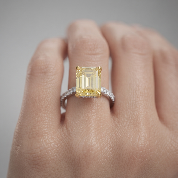 Yellow Emerald Cut Micro Pave Engagement Ring in 14K Gold