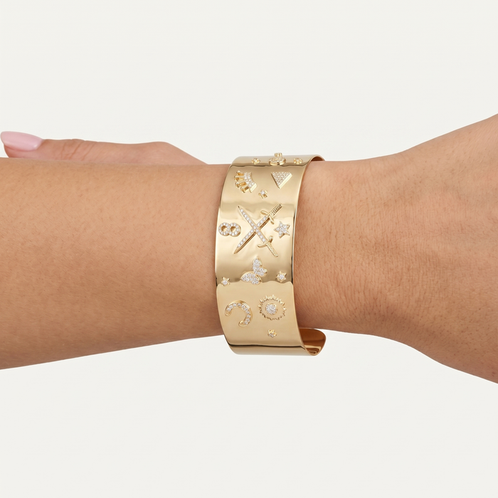 Polished Travel Charms Diamond Cuff Bracelet in 14K Yellow Gold