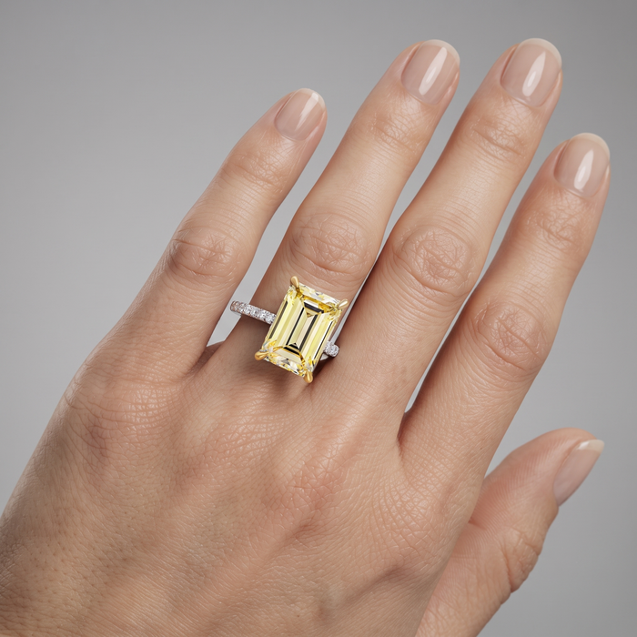 Yellow Emerald Cut Micro Pave Engagement Ring in 14K Gold