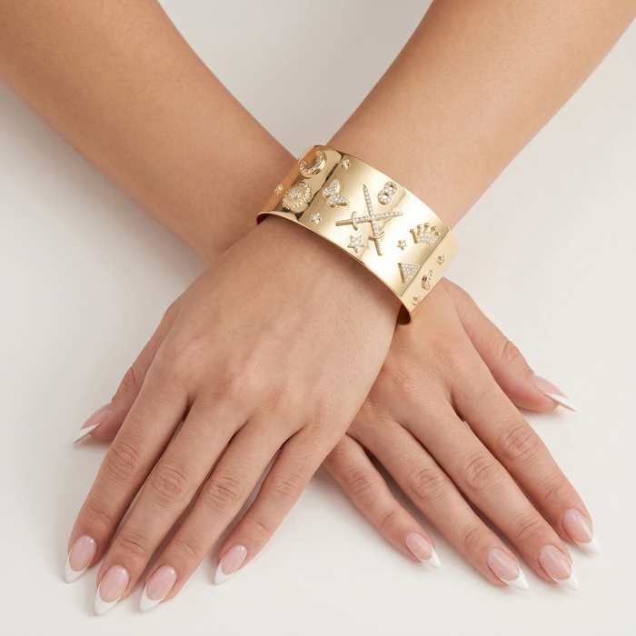 Polished Travel Charms Diamond Cuff Bracelet in 14K Yellow Gold