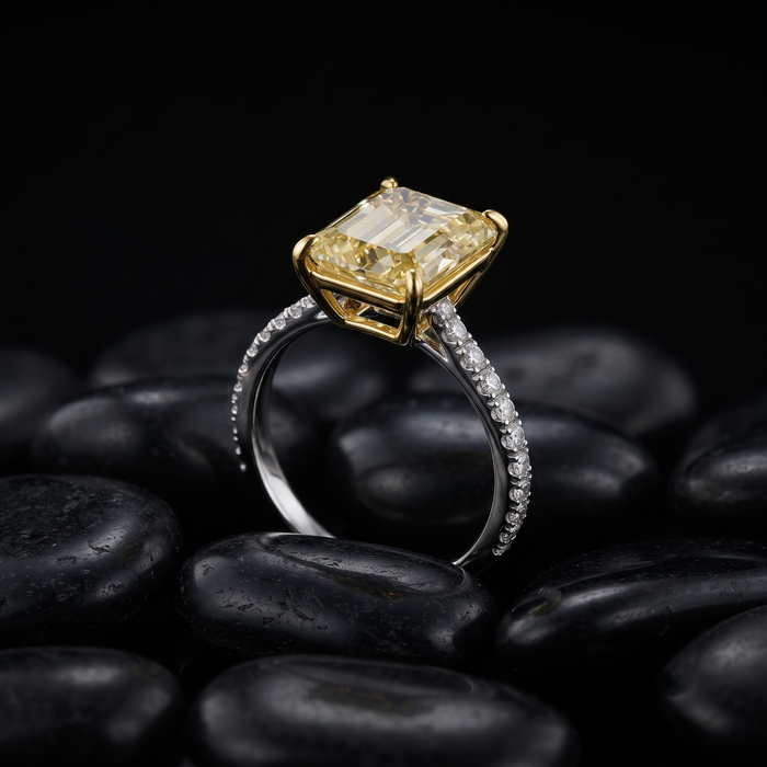 Yellow Emerald Cut Micro Pave Engagement Ring in 14K Gold