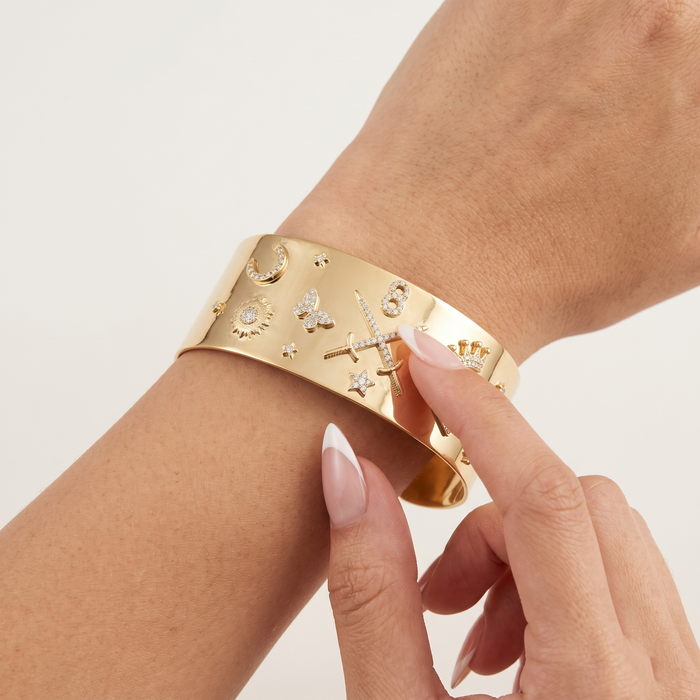 Polished Travel Charms Diamond Cuff Bracelet in 14K Yellow Gold