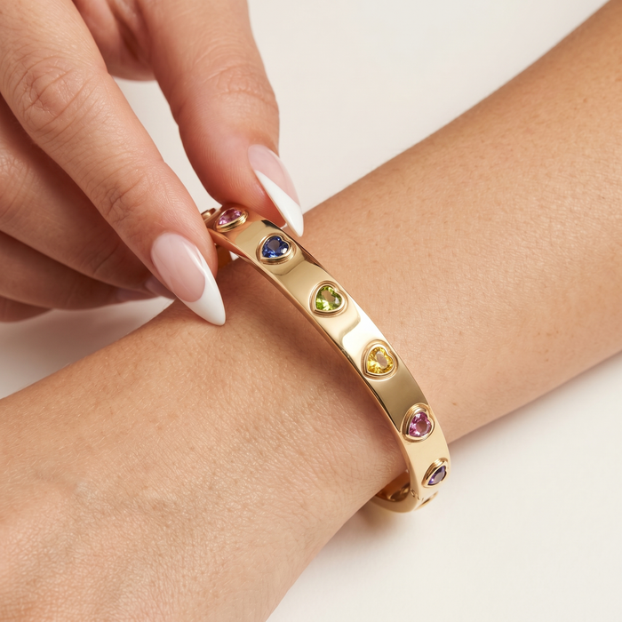 Amour Heart Sapphire Hinged Bangle in 14K Yellow Gold