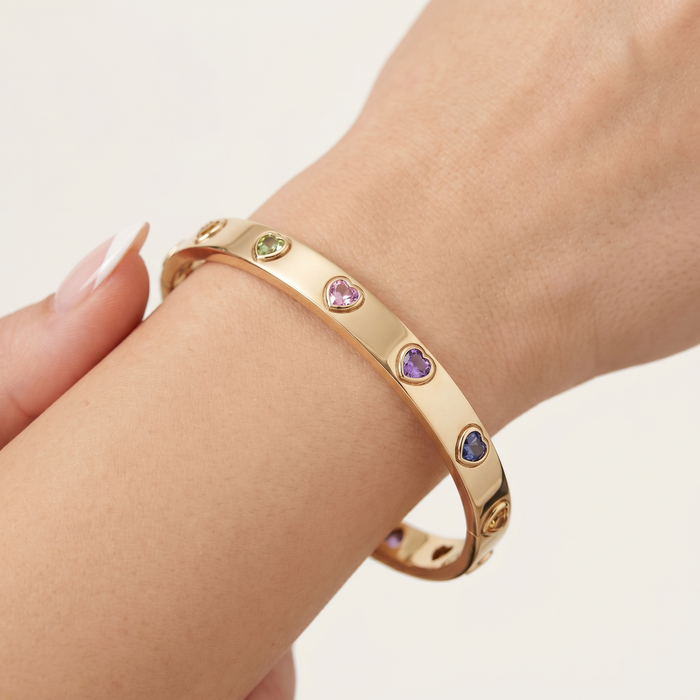 Amour Heart Sapphire Hinged Bangle in 14K Yellow Gold