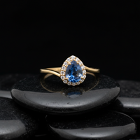 Pear Blue Sapphire 14K Diamond Halo Ring
