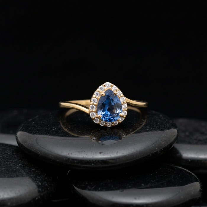 Pear Blue Sapphire 14K Diamond Halo Ring