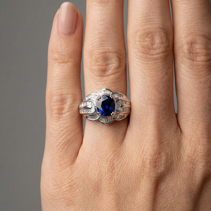 Royal Blue Sapphire Baguette Diamond Ring in 14K White Gold