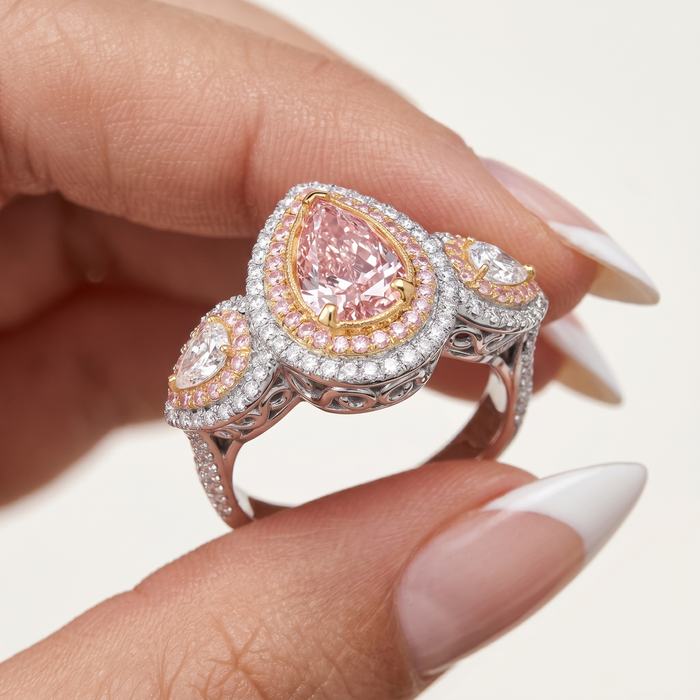 Pink Pear Shaped Halo Diamond Engagement Ring in 18K Gold