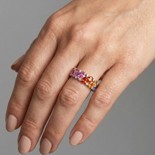 Pear-Cut Rainbow Sapphire 14K Diamond Eternity Ring