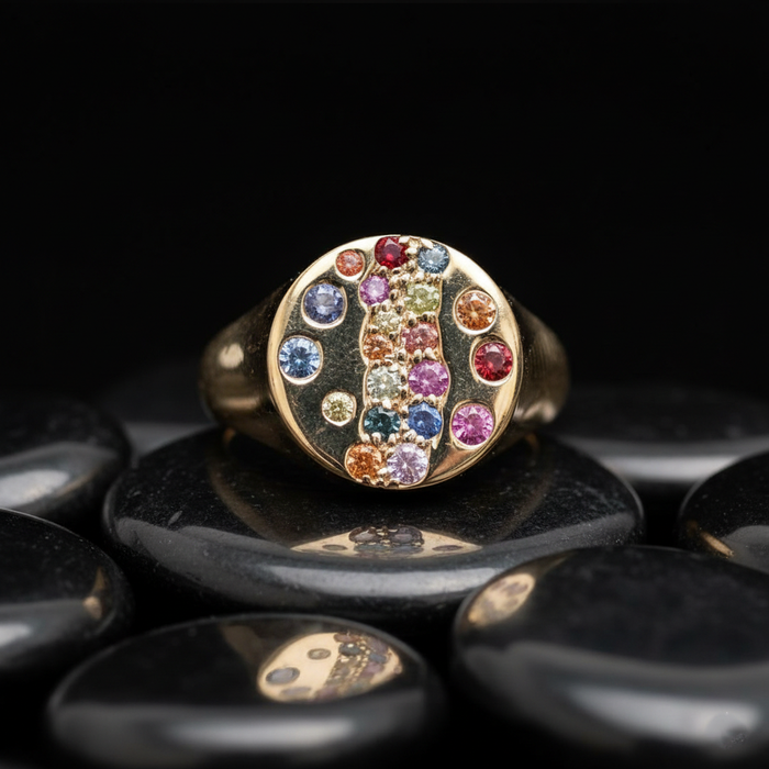 Rainbow Multi-Gemstone 14K Yellow Gold Signet Ring