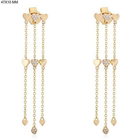 Triple Heart Dangle Diamond Drop Earrings in 14K Yellow Gold