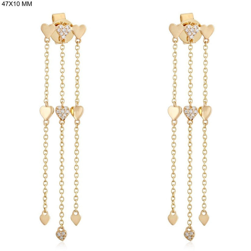 Triple Heart Dangle Diamond Drop Earrings in 14K Yellow Gold