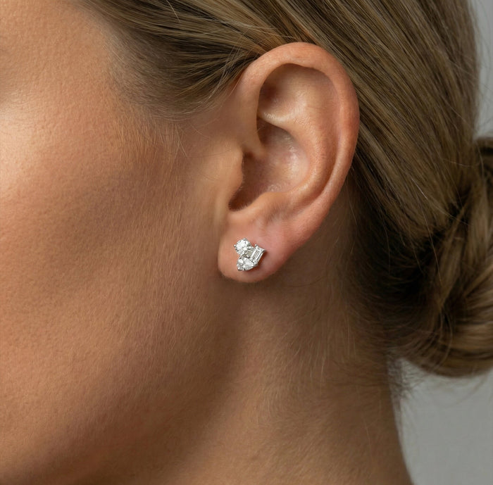 Multi Cut Diamond Heart Stud Earrings in 18K White Gold