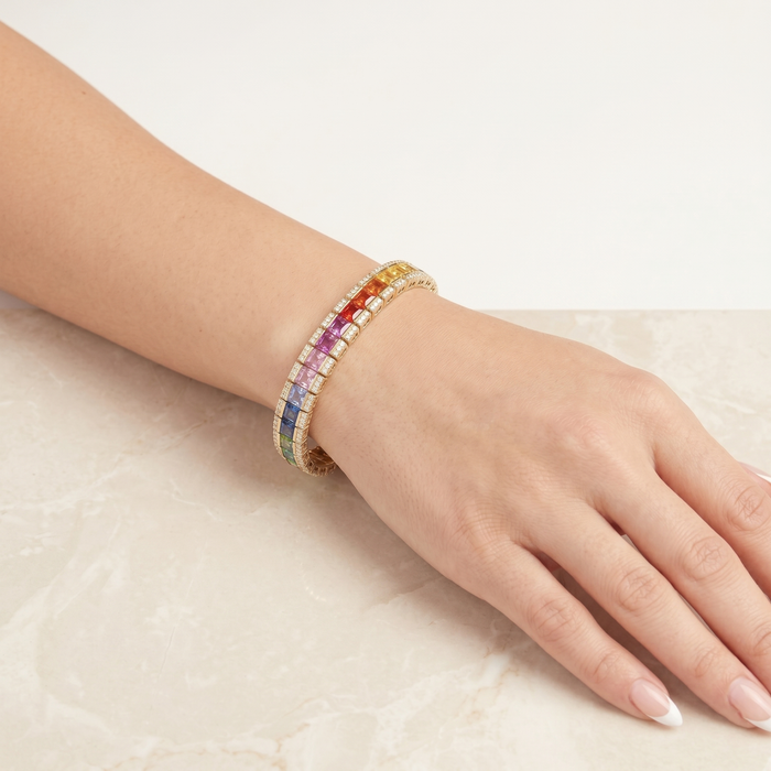 Radiant Horizon Rainbow Sapphire & Diamond 14K Gold Tennis Bracelet