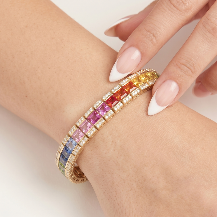 Radiant Horizon Rainbow Sapphire & Diamond 14K Gold Tennis Bracelet