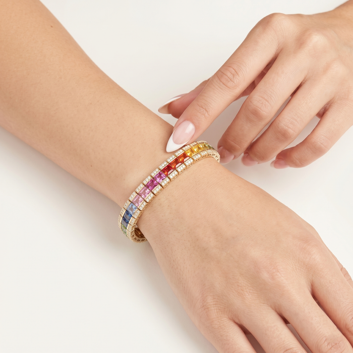 Radiant Horizon Rainbow Sapphire & Diamond 14K Gold Tennis Bracelet