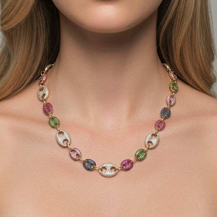 Sapphire Diamond Brilliance Link Necklace in 14K Yellow Gold