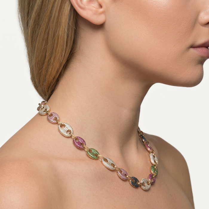 Sapphire Diamond Brilliance Link Necklace in 14K Yellow Gold