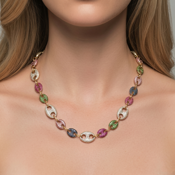 Sapphire Diamond Brilliance Link Necklace in 14K Yellow Gold
