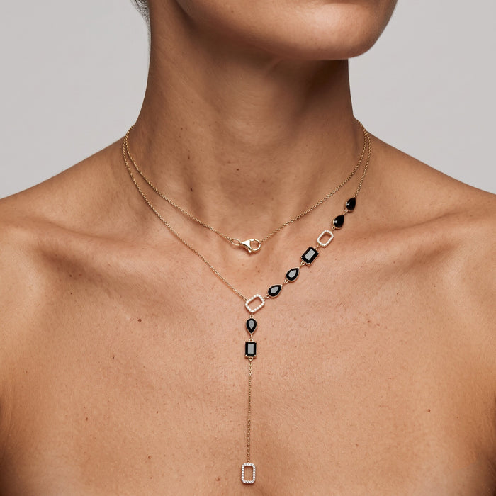 Black Onyx Diamond Lariat Necklace in 14K Yellow Gold