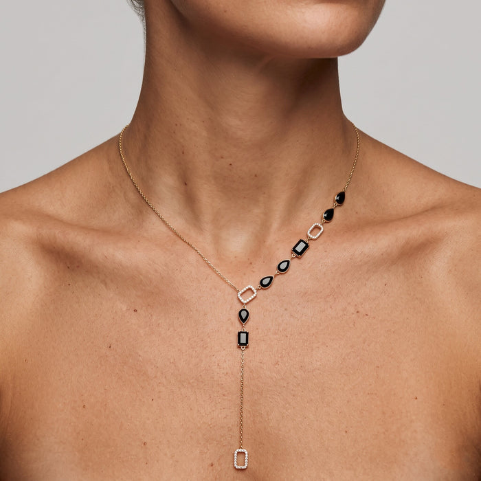Black Onyx Diamond Lariat Necklace in 14K Yellow Gold