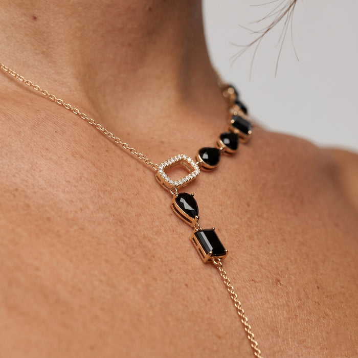 Black Onyx Diamond Lariat Necklace in 14K Yellow Gold