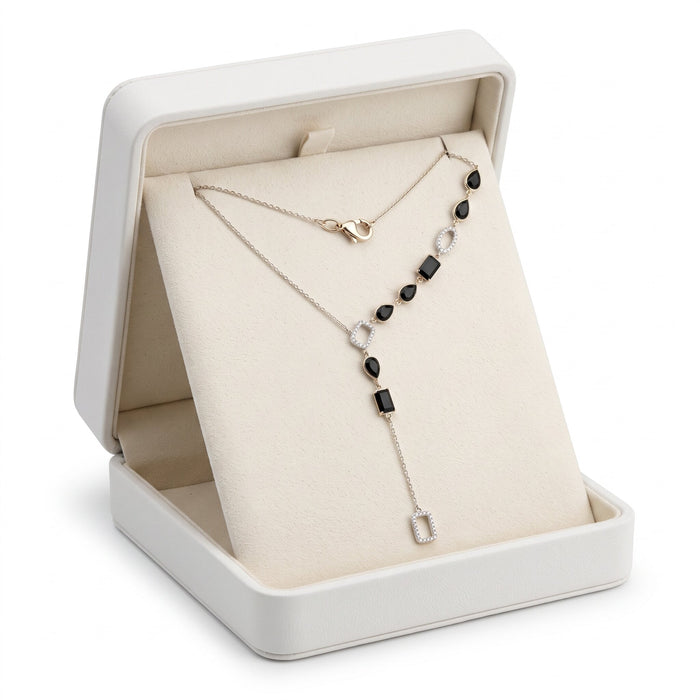 Black Onyx Diamond Lariat Necklace in 14K Yellow Gold
