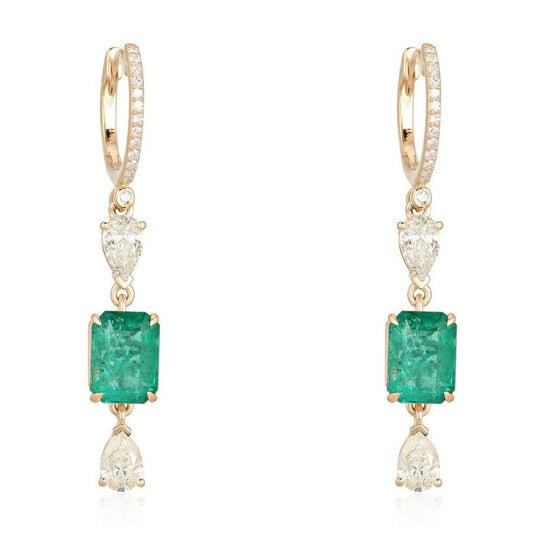 Emerald Elegance Diamond Drop Earrings in 14K Yellow Gold