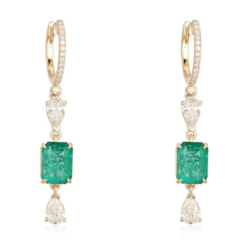 Emerald Elegance Diamond Drop Earrings in 14K Yellow Gold