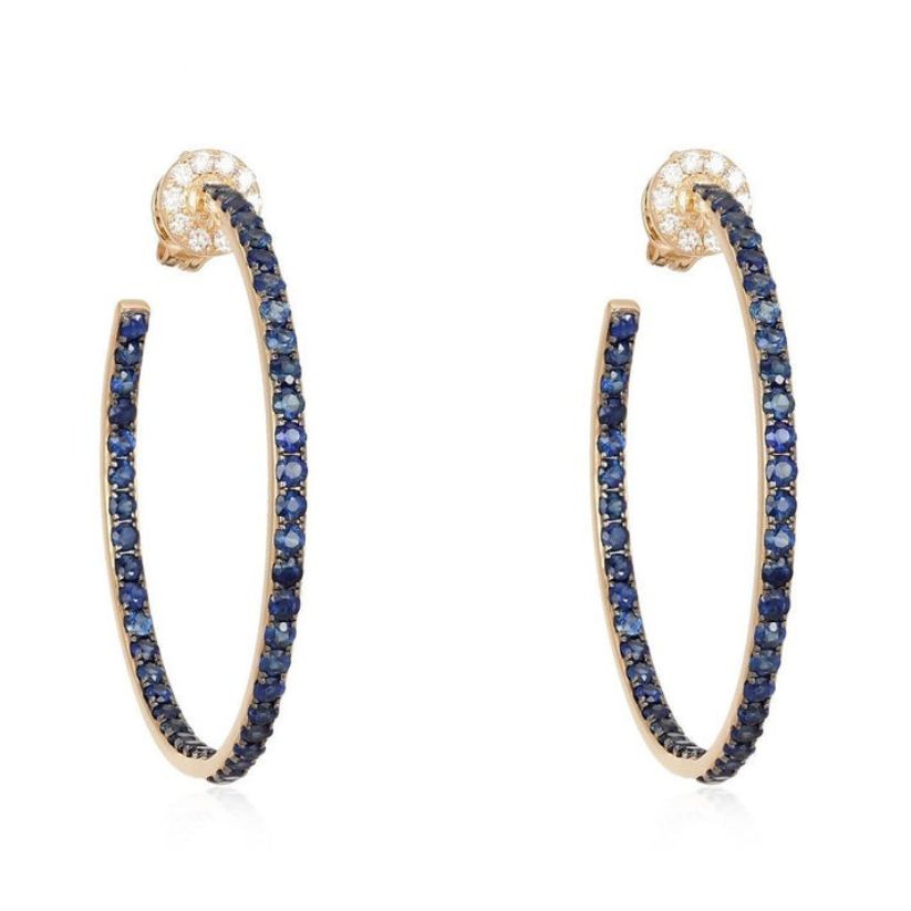 Blue Sapphire Inside Out Hoop Earrings in 14K Yellow Gold