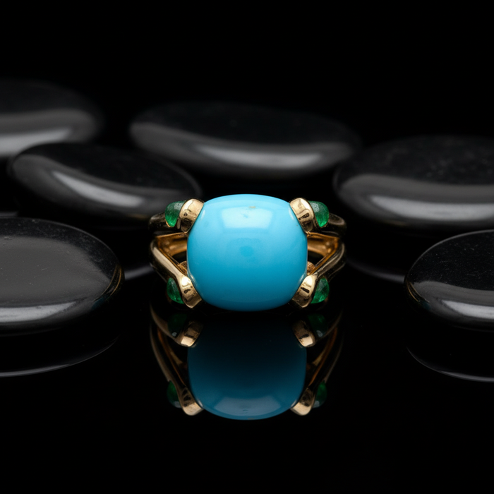 Bold Turquoise Cabochon 14K Yellow Gold Ring