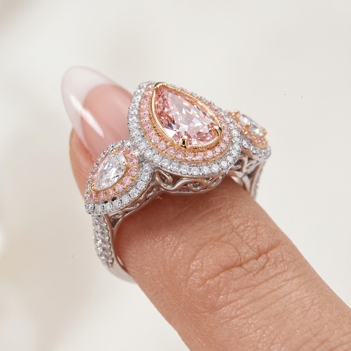Pink Pear Shaped Halo Diamond Engagement Ring in 18K Gold