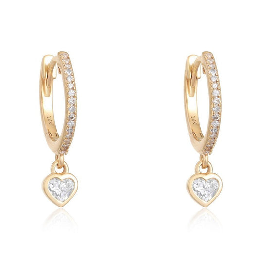 Diamond Heart Drop Huggie Hoop Earrings in 14K Yellow Gold