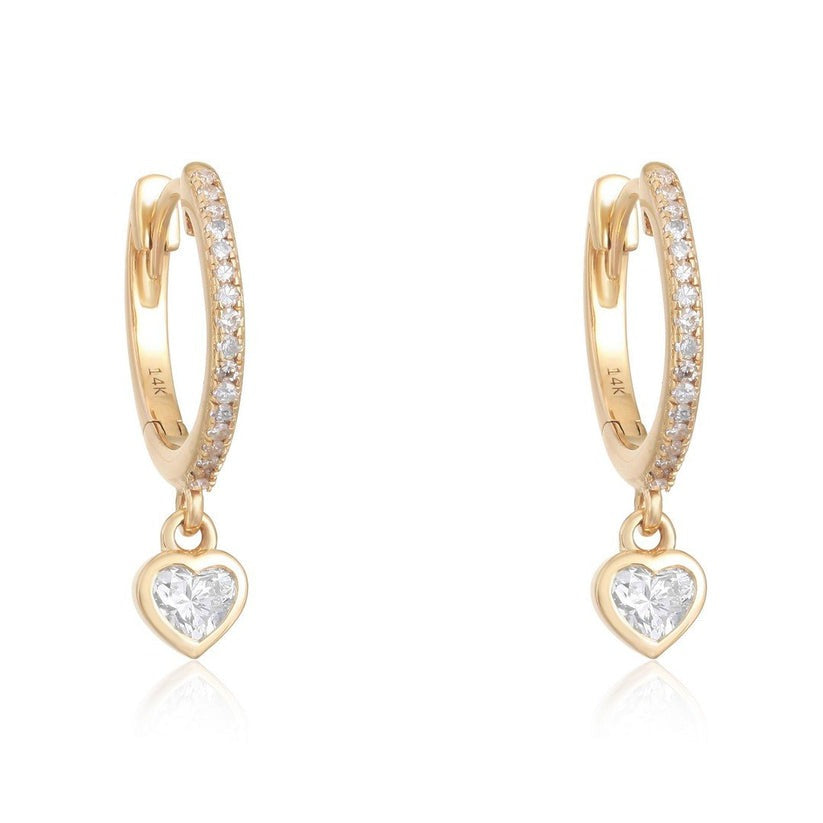 Diamond Heart Drop Huggie Hoop Earrings in 14K Yellow Gold