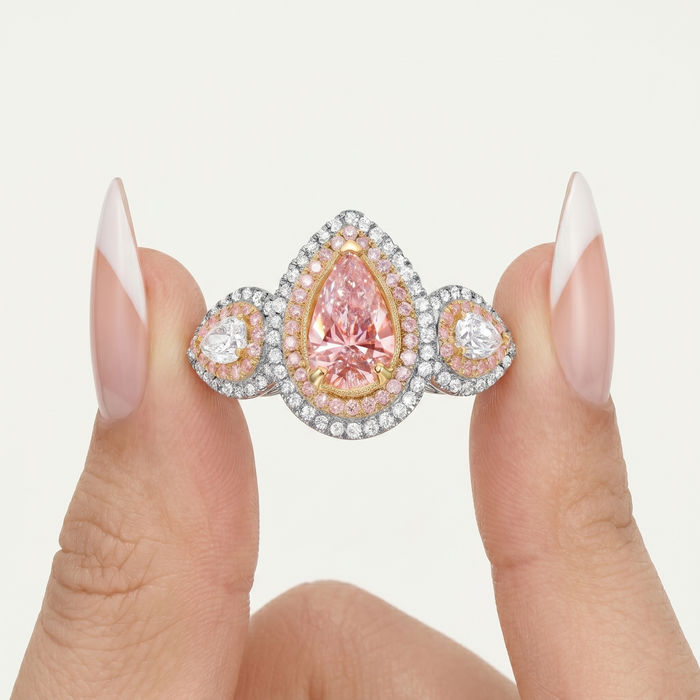 Pink Pear Shaped Halo Diamond Engagement Ring in 18K Gold