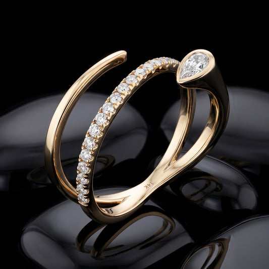Modern Wrap Pave Pear Cut Diamond Ring in 14K Yellow Gold