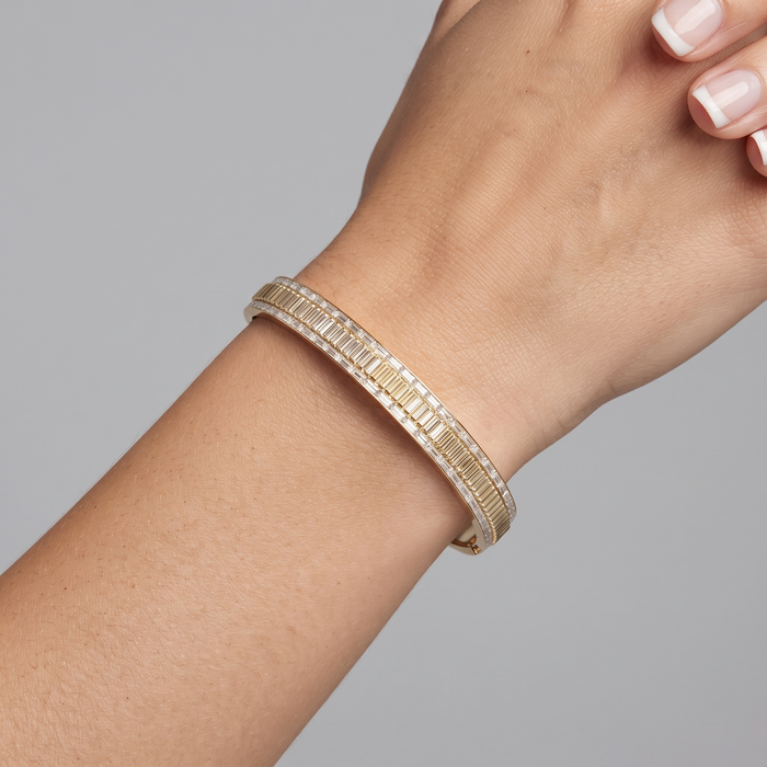 Baguette Round Diamond Layered Bangle Bracelet in 14K Gold