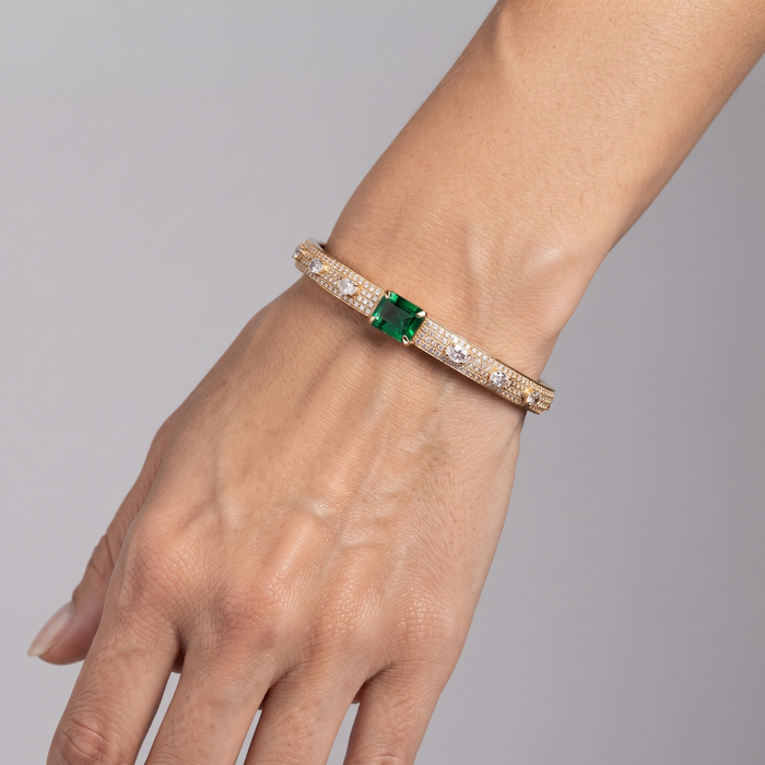 Emerald Cut Green Bangle Bracelet in 14K Yellow Gold