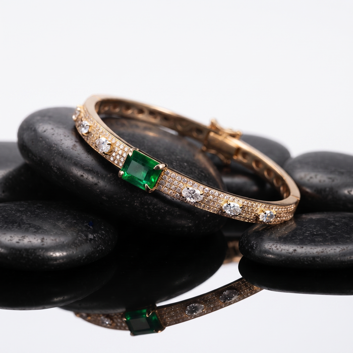 Emerald Cut Green Bangle Bracelet in 14K Yellow Gold