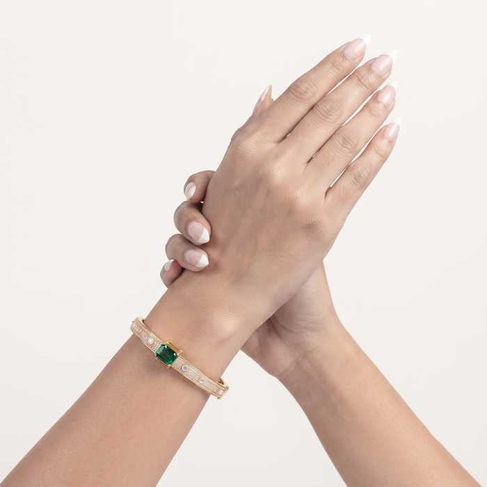 Emerald Cut Green Bangle Bracelet in 14K Yellow Gold