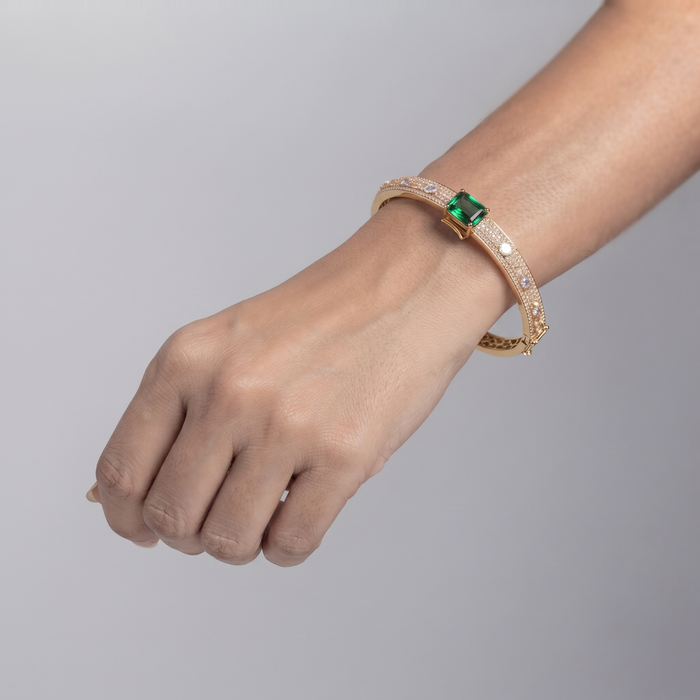 Emerald Cut Green Bangle Bracelet in 14K Yellow Gold
