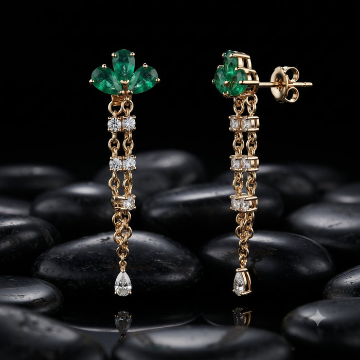 Emerald Cluster Chain Drop Earrings in 14K Yellow Gold