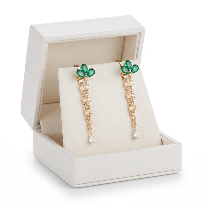 Emerald Cluster Chain Drop Earrings in 14K Yellow Gold