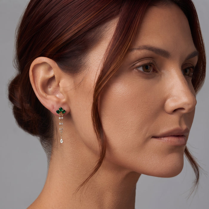 Emerald Cluster Chain Drop Earrings in 14K Yellow Gold